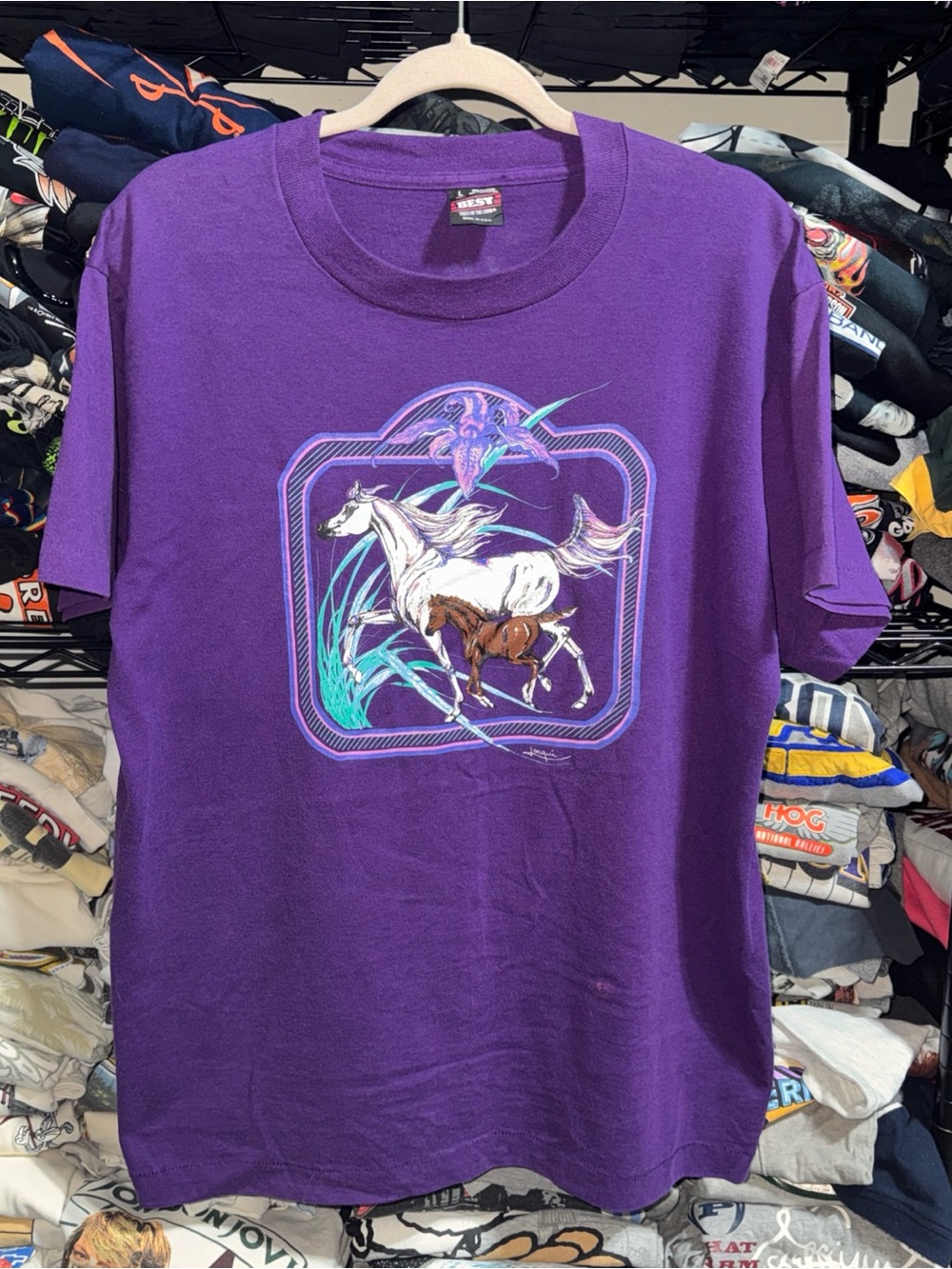 Vintage 80s Running Horses Purple Shirt Size Large